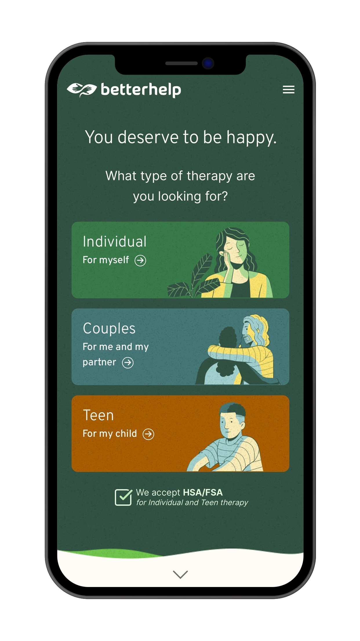 BetterHelp homepage showing therapy options for individuals, couples, and teens