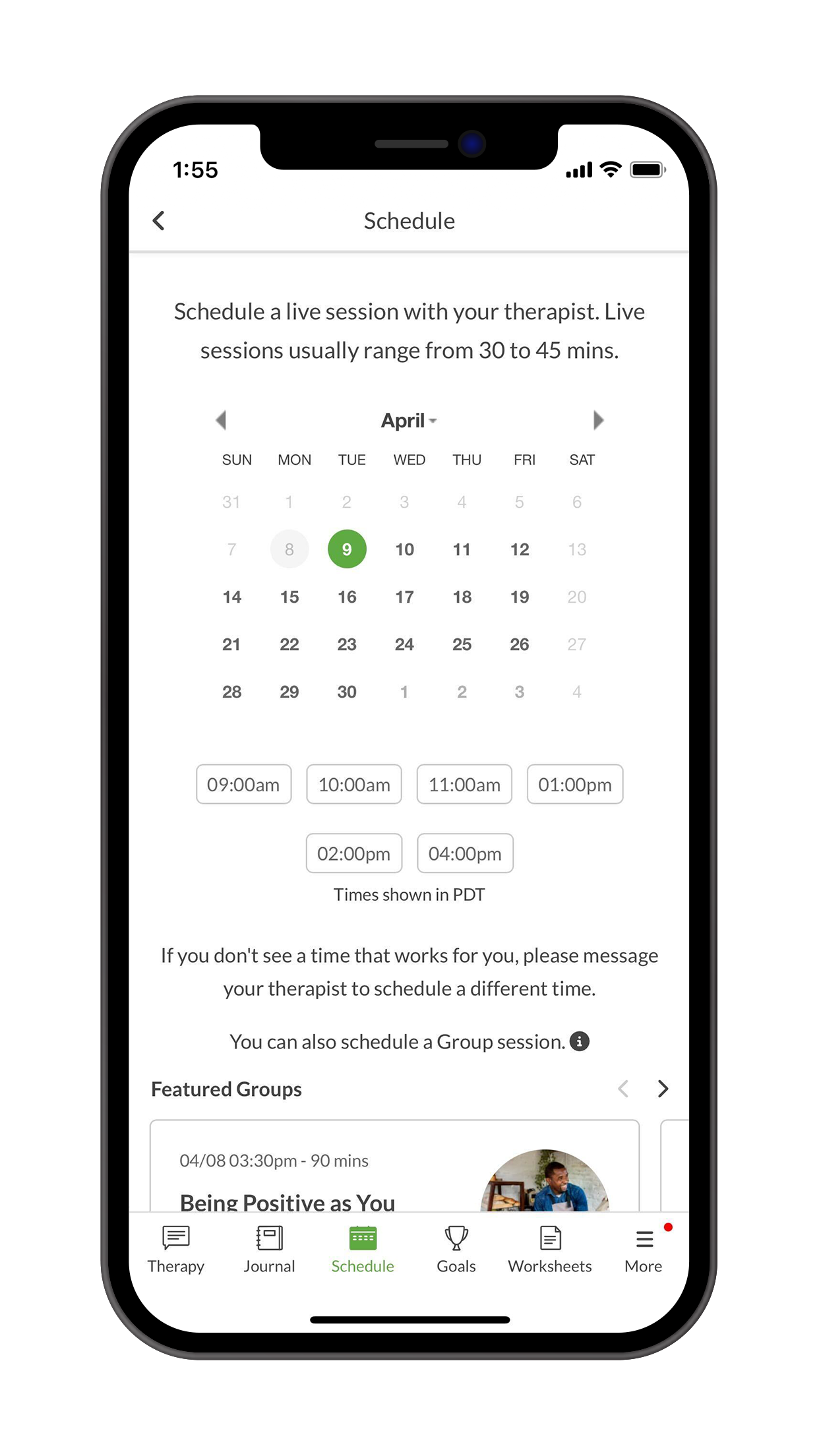 BetterHelp scheduling screen showing flexible appointment times