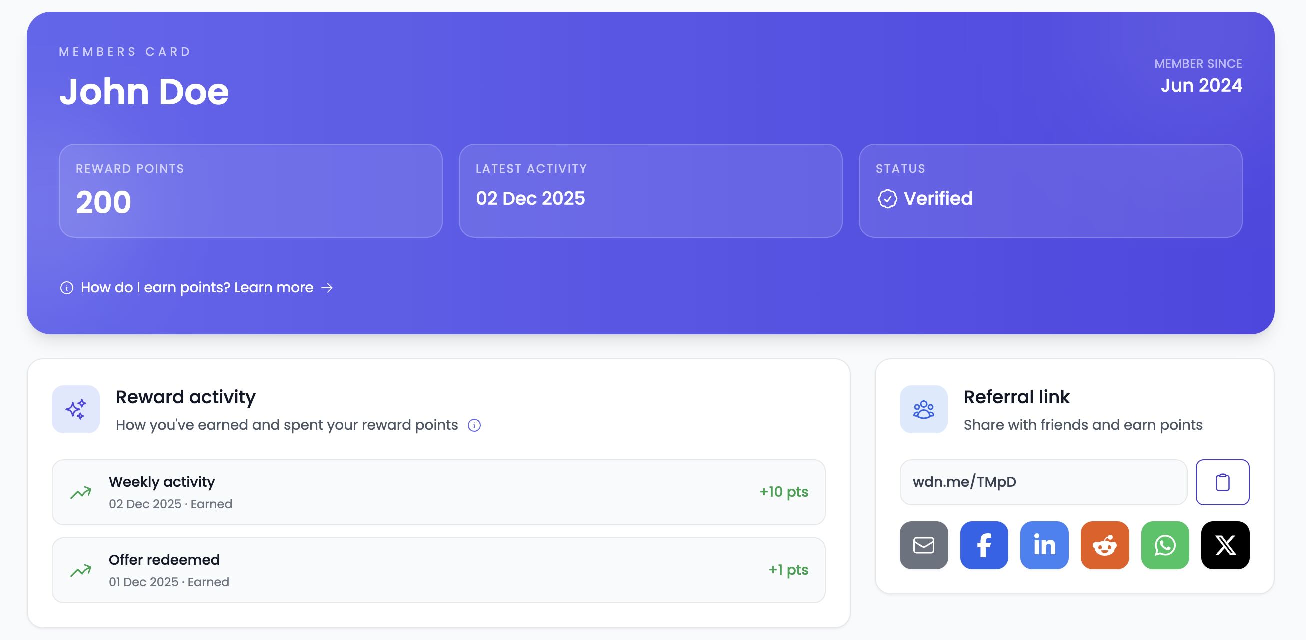 Membership page showing reward points balance