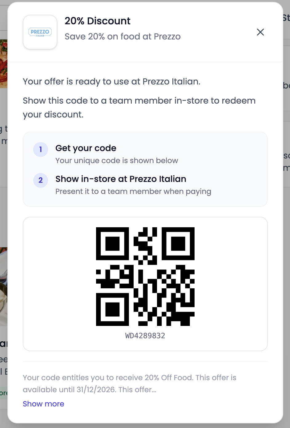 Screenshot showing how to claim your Prezzo Italian offer with a QR code